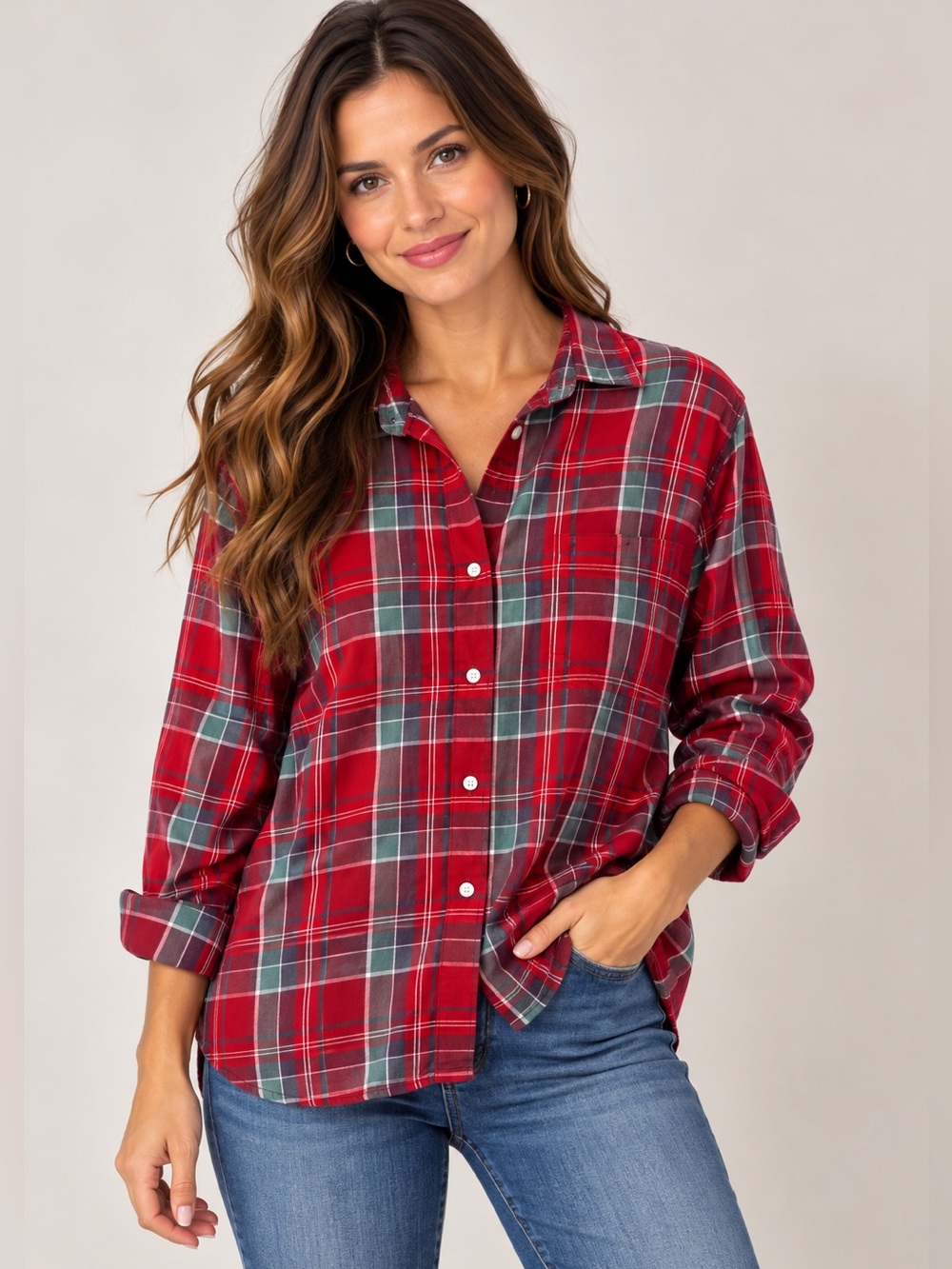 Ralph Lauren Denim & Supply RL Boyfriend Plaid Shirt Women M 100% Cotton Red